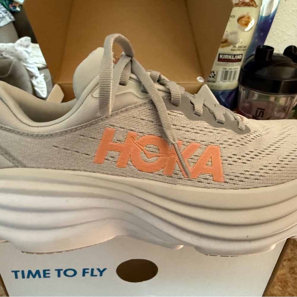Hoka Light Gray and Peach Sneakers